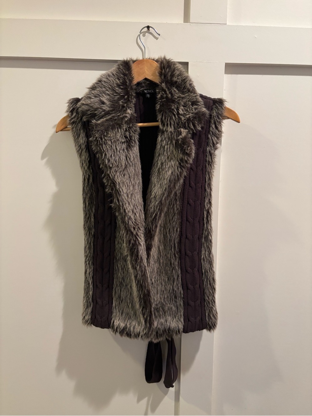 Worthington Gray Faux Fur Knit Tie-Front Vest